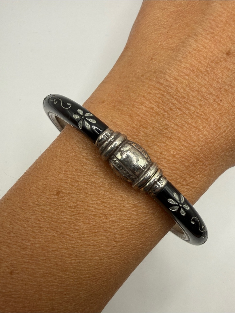 Vintage Silver Tone Black Floral Large Cuff Bangle Statement Bracelet